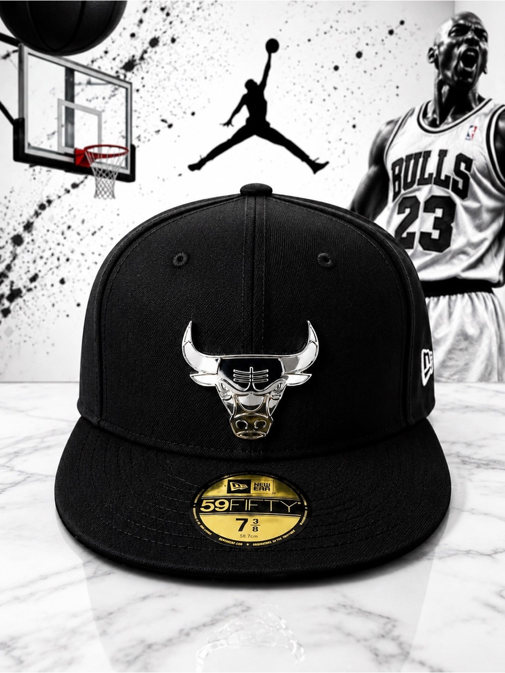 New Era Chicago Bulls Jordan Metal Badge Triple Black 59Fifty 5950 7 3/8 Hat Cap